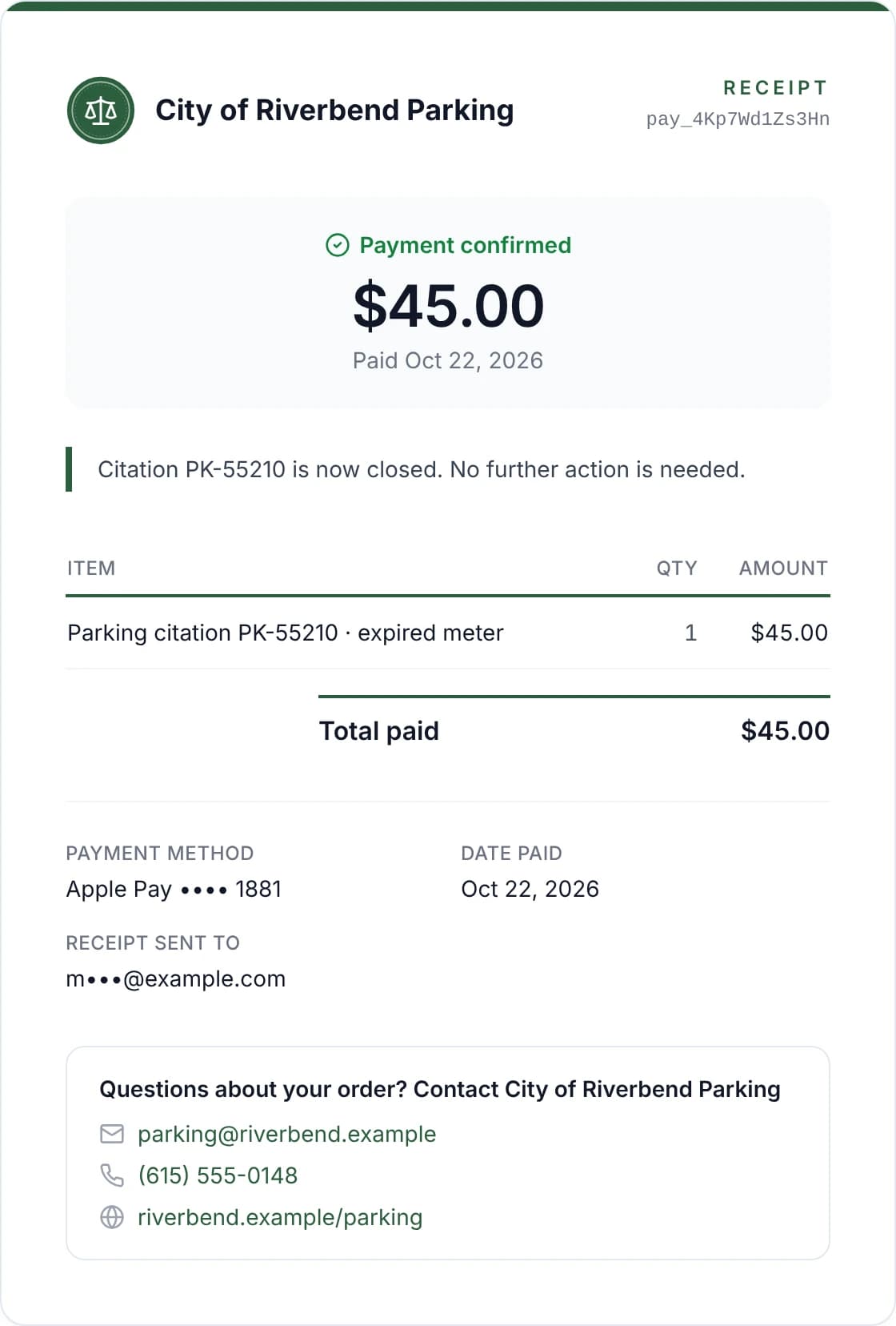 Receipt from City of Riverbend Parking: $45.00 parking citation PK-55210 paid with Apple Pay, citation closed