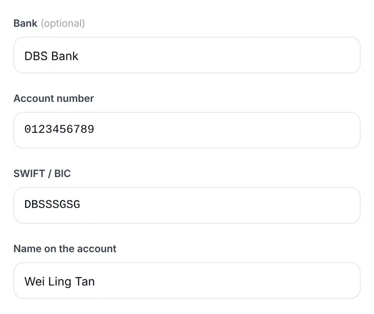 Anytime Capital product view: a Singapore payout form with an optional bank name, the account number, the bank's SWIFT/BIC code and the name on the account