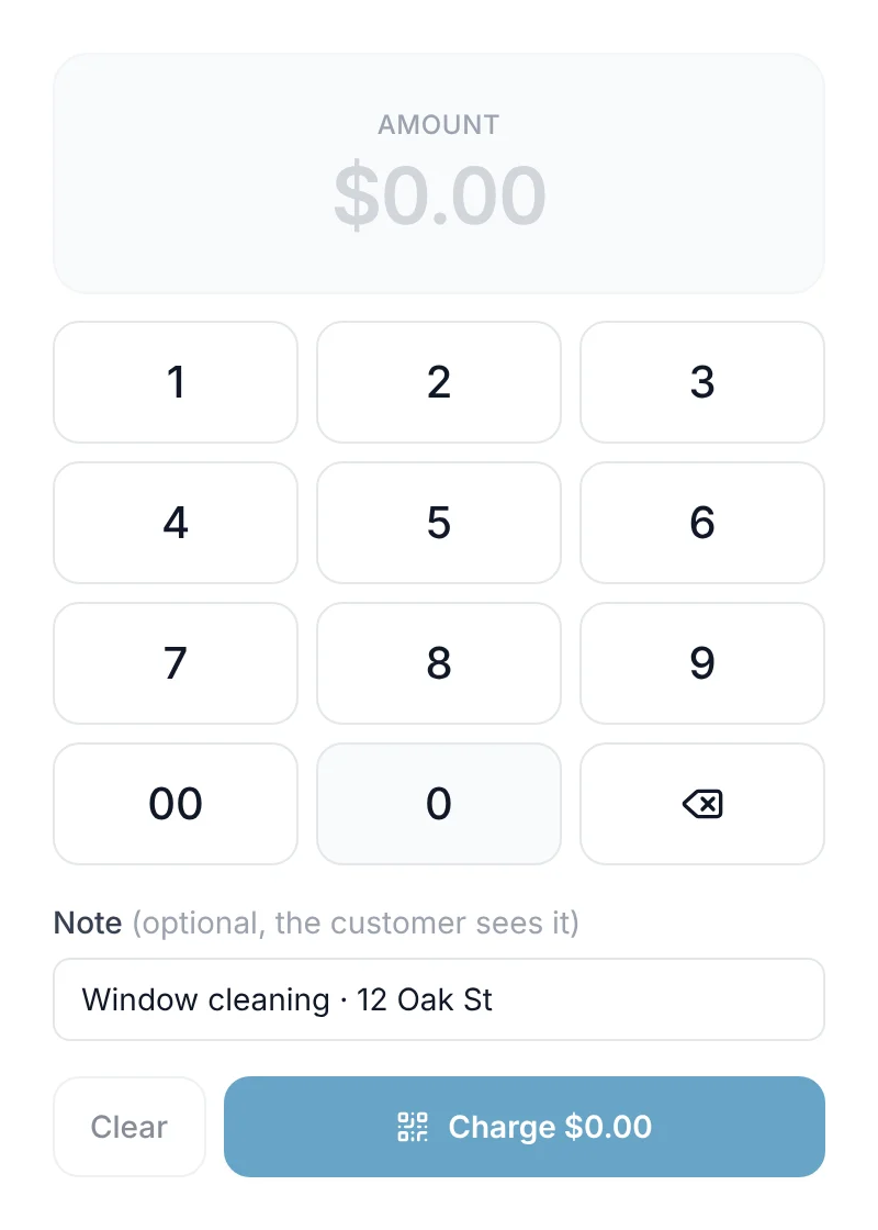 The In person keypad with $140.00 keyed in and the note "Window cleaning · 12 Oak St"