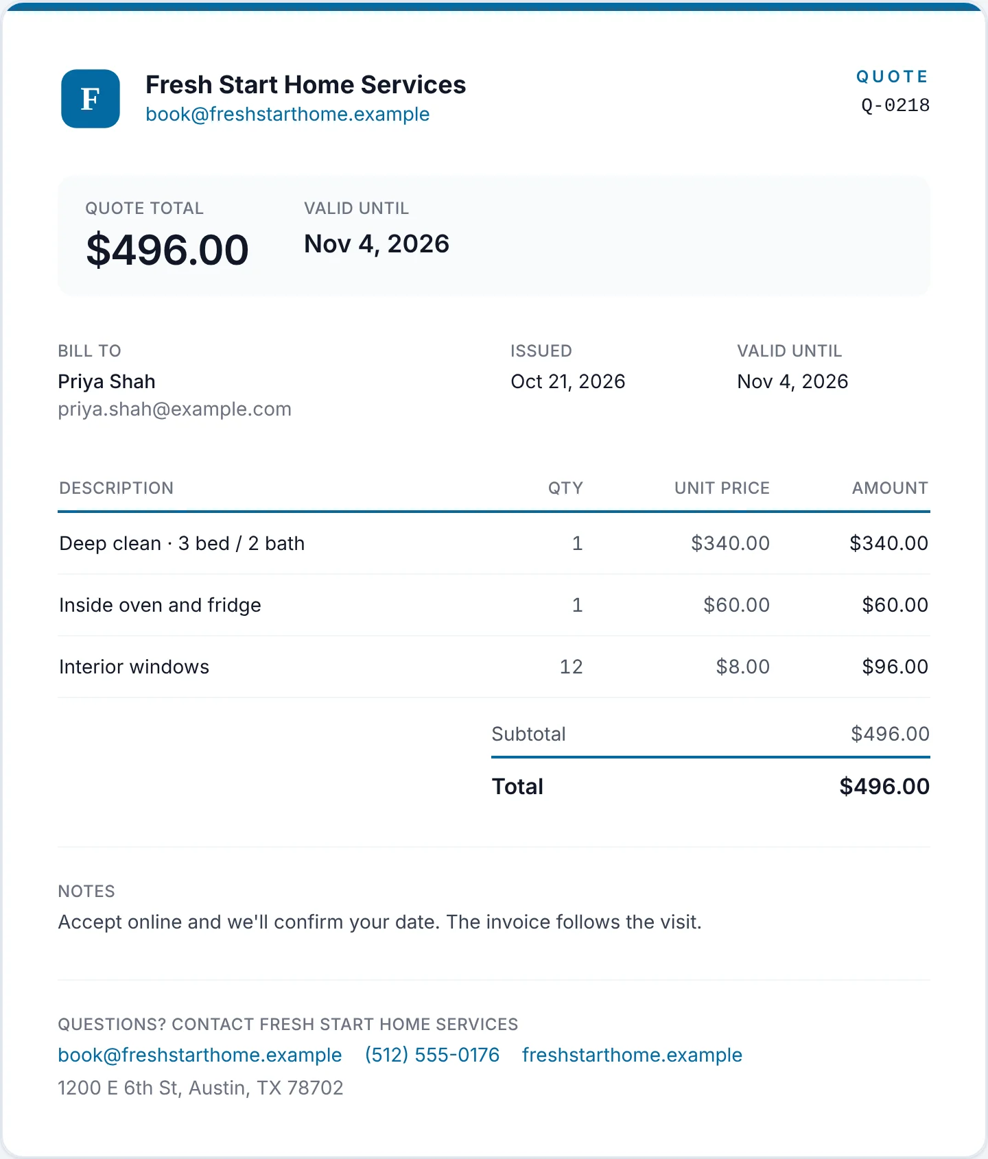 Fresh Start Home Services quote Q-0218 for a $496 deep clean with oven, fridge and window add-ons, valid until November 4