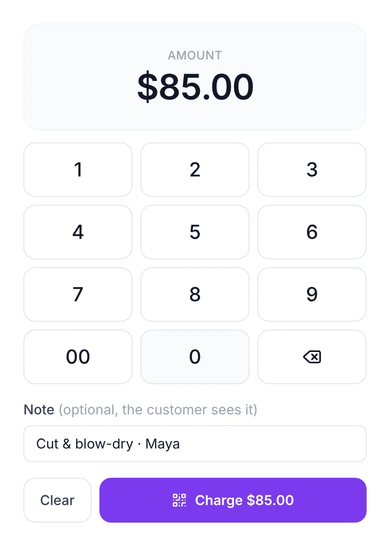 The In person keypad in the Anytime Capital dashboard with $85.00 keyed in and the note "Cut & blow-dry · Maya"