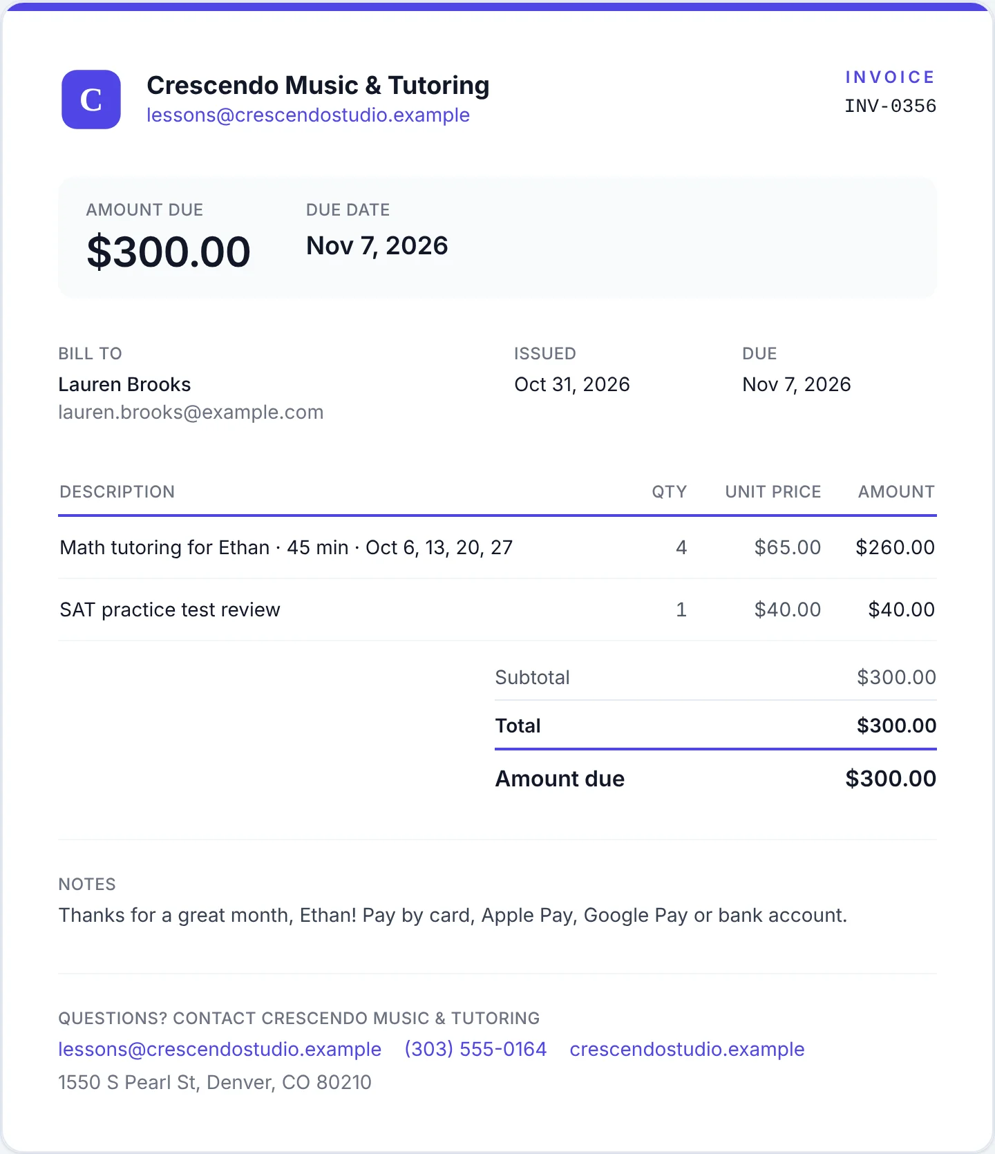 Crescendo Music & Tutoring invoice INV-0356 to a parent for four 45-minute math tutoring sessions and an SAT practice test review, $300