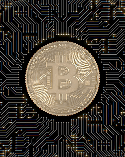 Golden Bitcoin on Circuit Board
