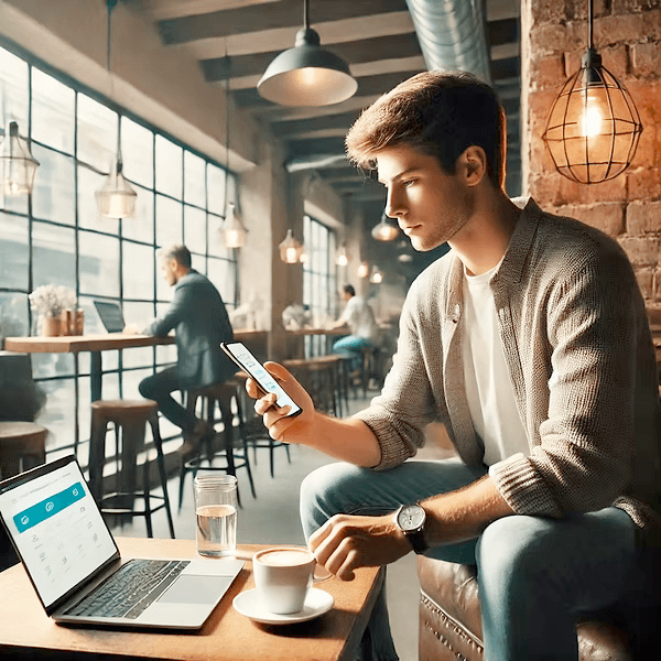 A cafe owner reviewing sales on his phone, laptop open beside him