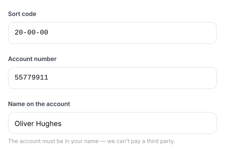 Anytime Capital Sell page asking for a UK sort code and account number