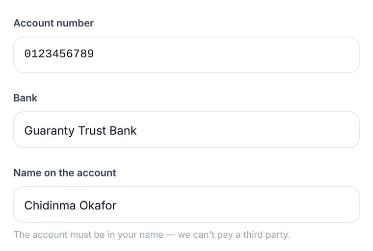 Anytime Capital Sell page asking for a Nigerian account number and bank