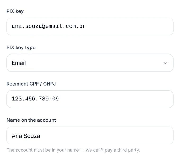 Anytime Capital Sell page asking for a Pix key, its type and the CPF