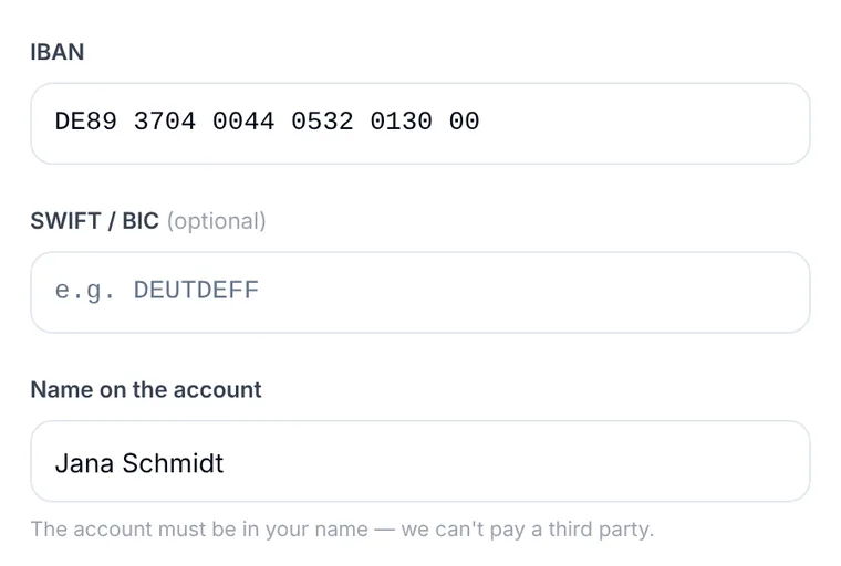Anytime Capital Sell page asking for a German IBAN and the name on the account