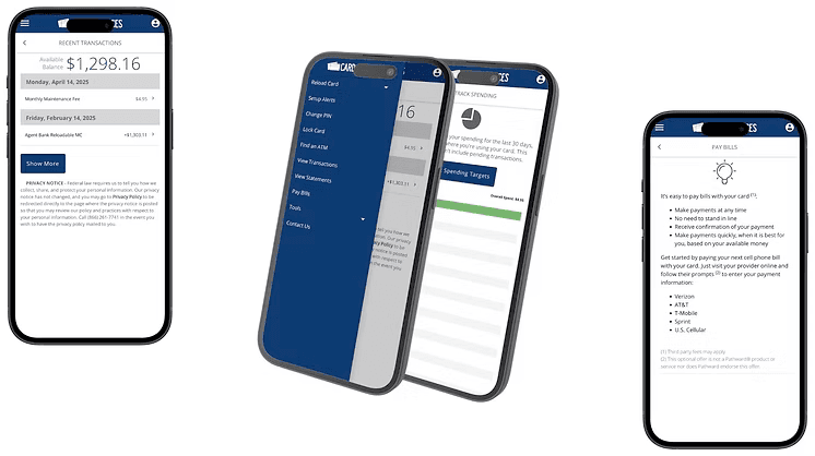 Mobile banking app interfaces showing account transactions, navigation menu, and bill payment features