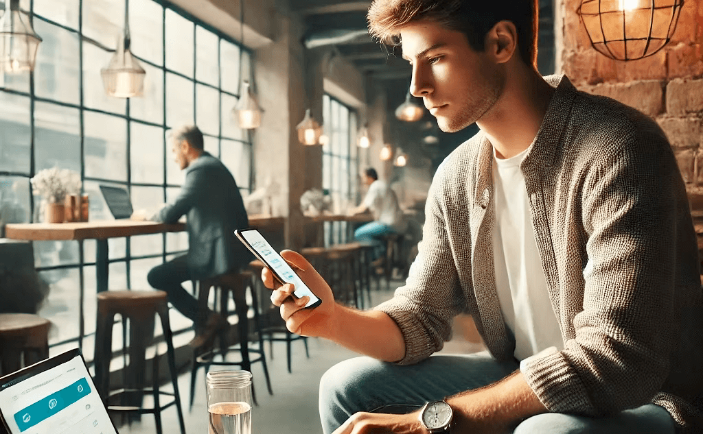 Young professional using smartphone in modern café workspace environment