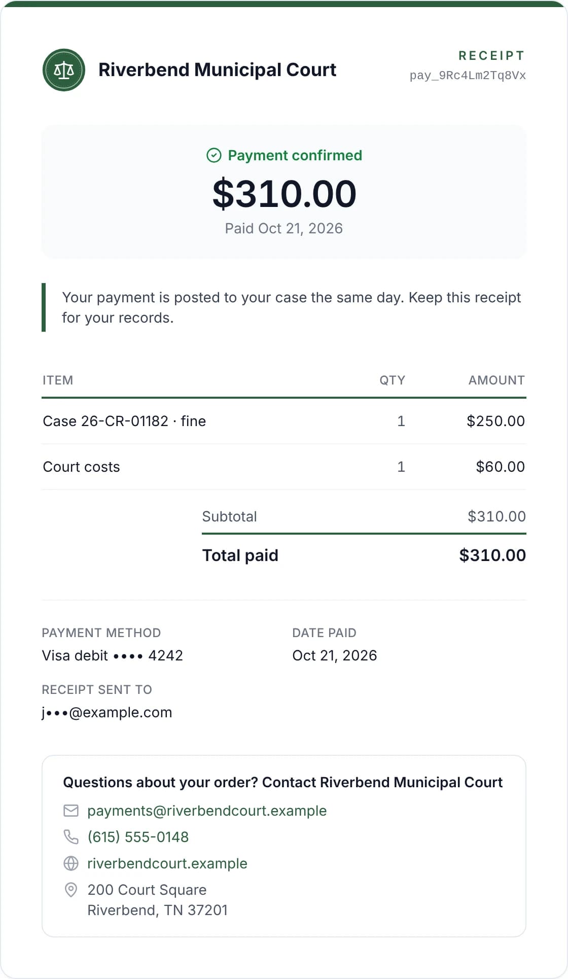 Receipt from Riverbend Municipal Court: $310.00 paid by Visa debit for case 26-CR-01182, a $250.00 fine and $60.00 in court costs