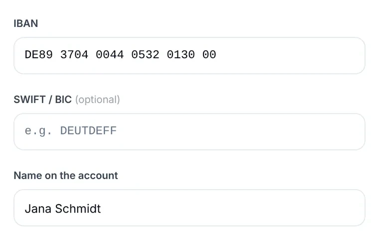 Anytime Capital product view: a SEPA payout form with the IBAN, an optional SWIFT/BIC field and the name on the account