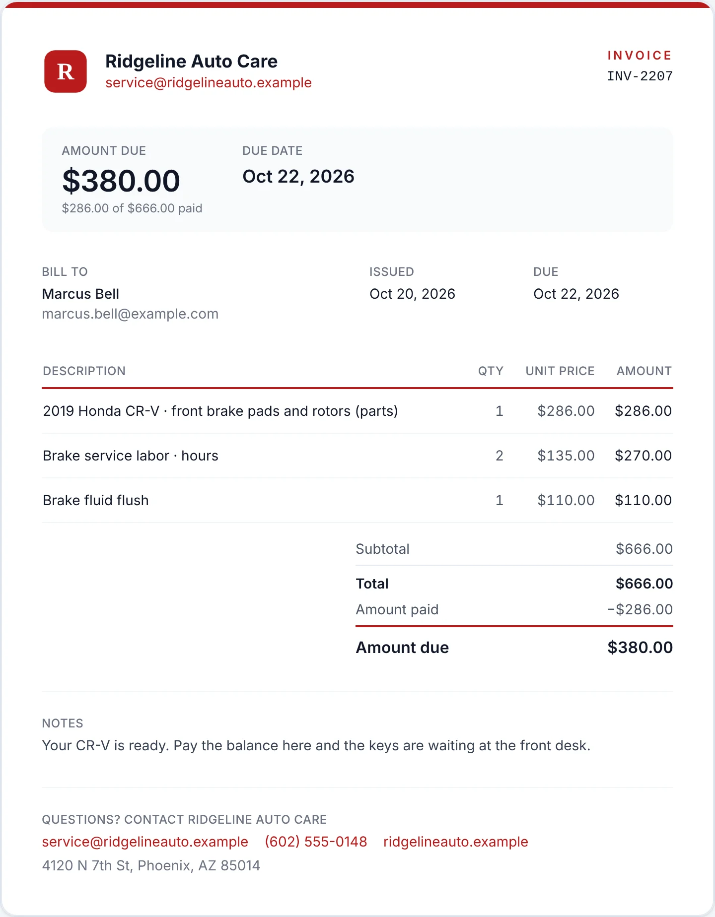 The same invoice after the parts deposit: $286 of $666 paid and $380 due, with a note that the car is ready