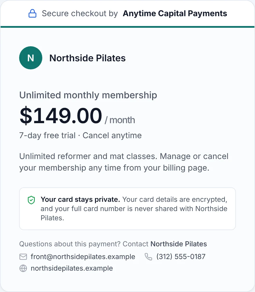 Anytime Capital checkout for Northside Pilates' unlimited monthly membership at $149 a month with a 7-day free trial