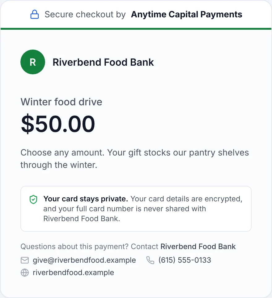 Anytime Capital checkout for Riverbend Food Bank's winter food drive, with a suggested $50 gift