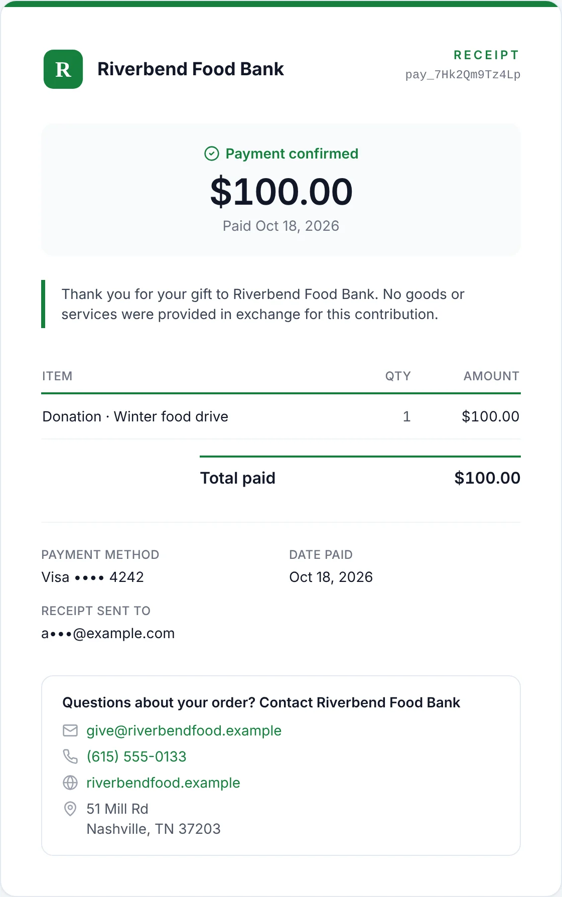Riverbend Food Bank receipt for a $100 donation paid by Visa, with the organization's thank-you message
