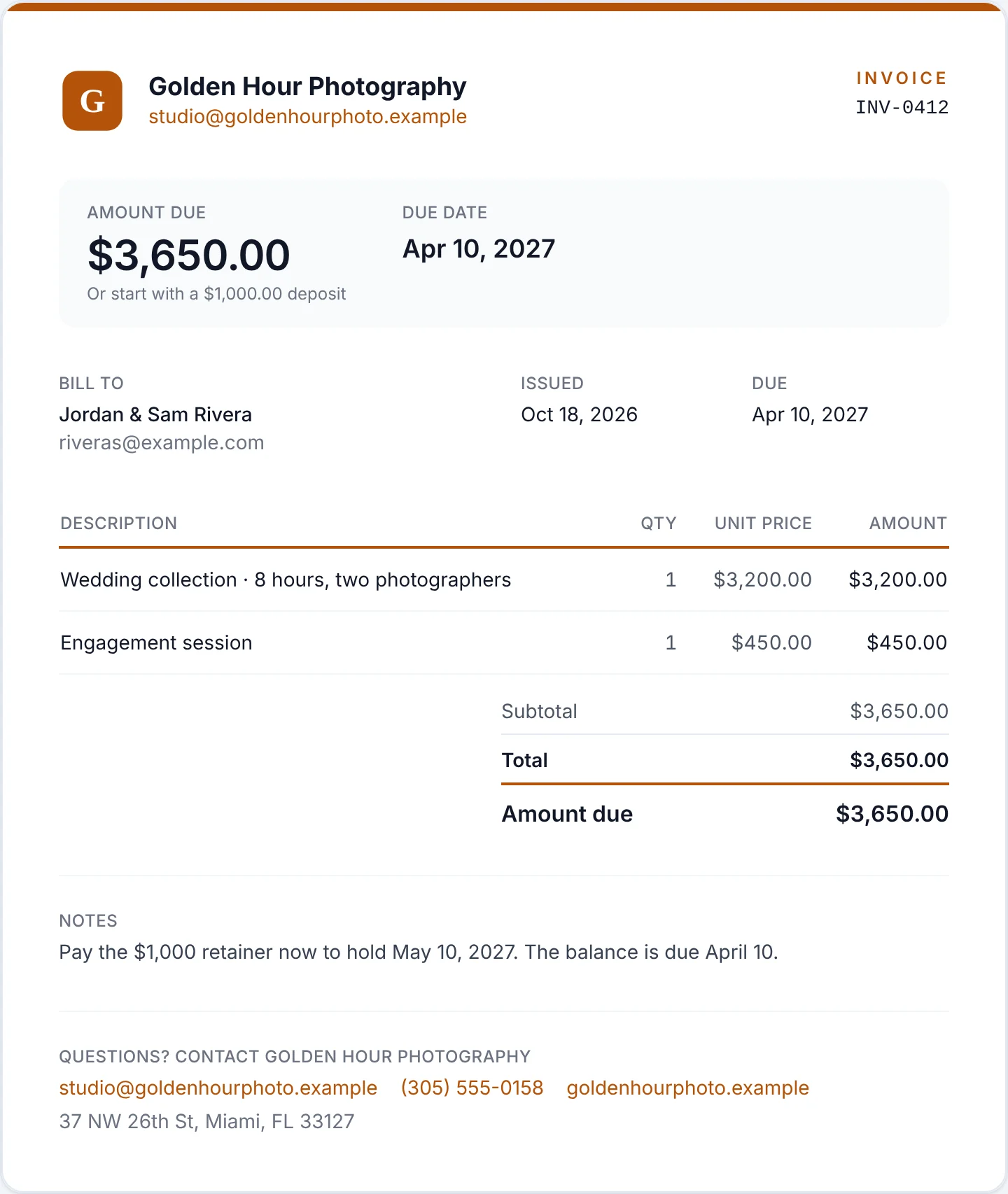 Golden Hour Photography invoice INV-0412 for $3,650, offering to start with a $1,000 deposit