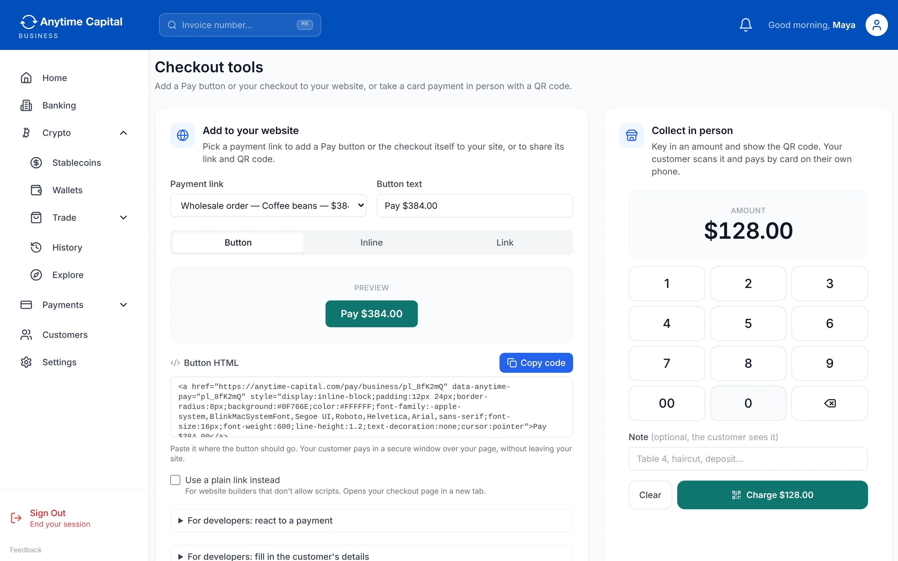 Checkout tools in the Anytime Capital dashboard: a Pay button and its HTML for any website, and an in-person QR keypad