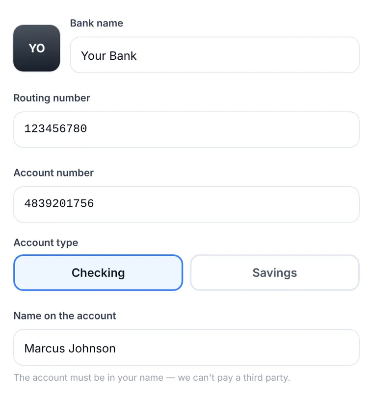Anytime Capital Sell page asking for a US routing number, account number and account type
