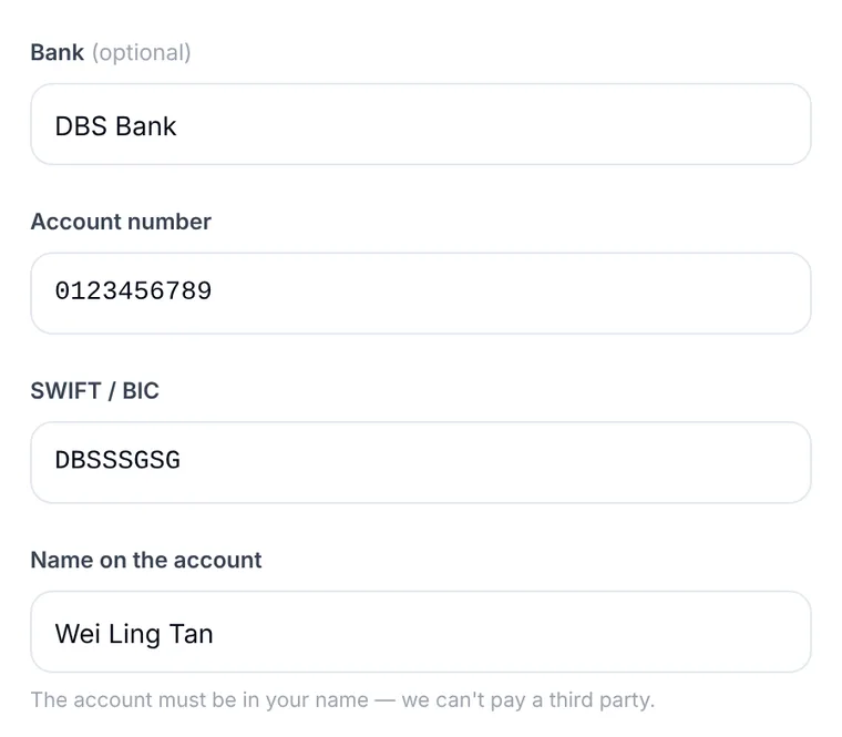 Anytime Capital Sell page asking for a Singapore bank, account number and SWIFT code
