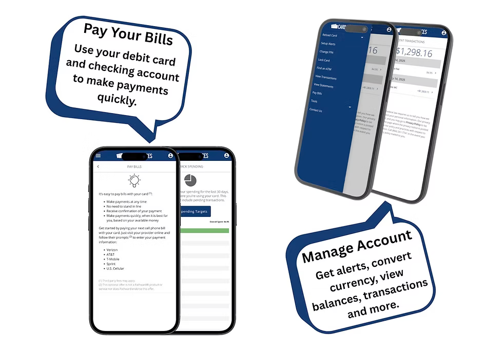 Mobile banking interface showing bill pay and account management features
